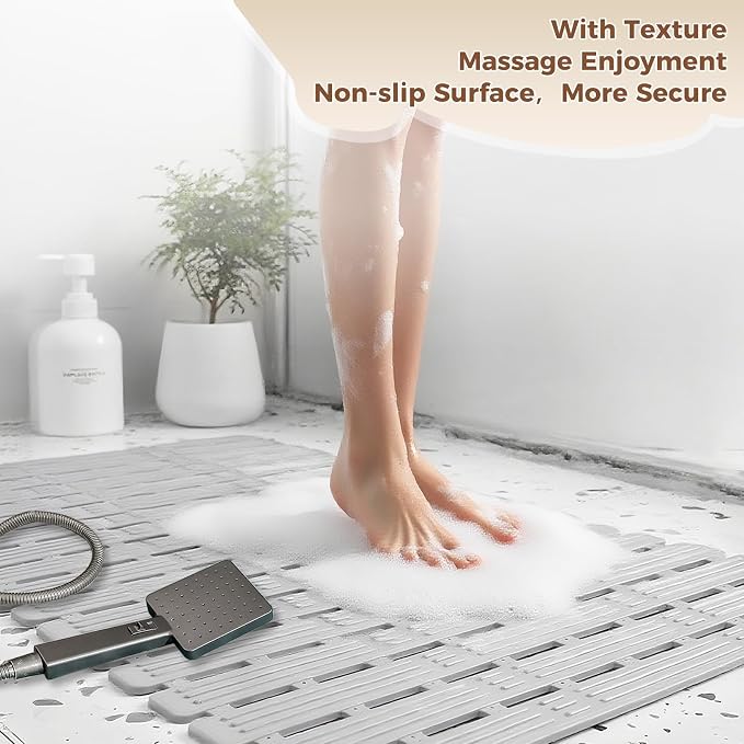 Bathtub Mat Non Slip for Bathroom with Suction Cups and Drain Holes 35.4 * 15.7 Shower Mat for Inside Shower, Quick Dry Bath Mat for Baby Kids Seniors Pregnants Adults, Easy to Cut, Easy Dry