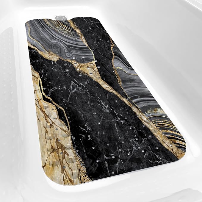 Bathtub Mat Non Slip, 40x16 inch Bath and Shower Safety Mats, Black Marble and Golden Veins Tub Mat for Bathroom, Tub Shower Mat with Drain Holes and Suction Cups
