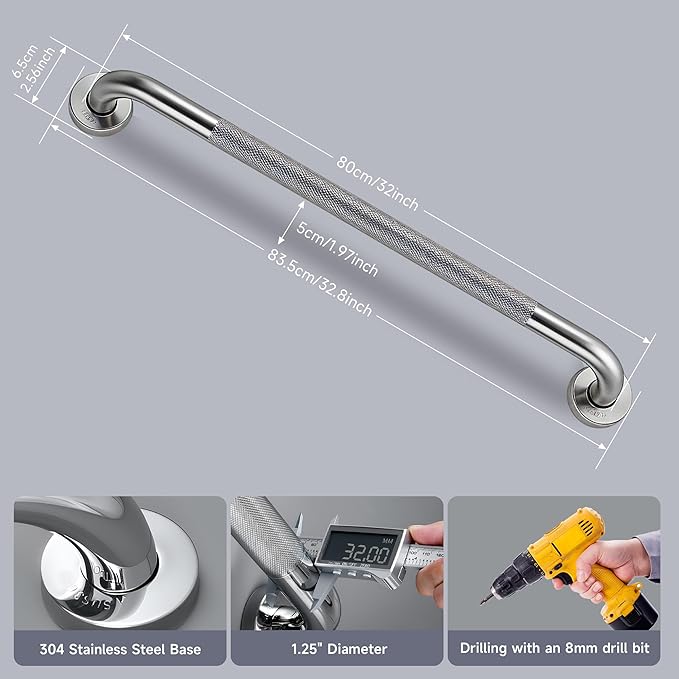 32 Inch Shower Grab Bar 1.25" Dia, 2 Pack Nickel Anti Slip Bathroom Grab Bar, 304 Stainless Steel Knurled Handicap Grab Bars, Safety Support Handrail,Bath Shower Handle for Elderly Injury Senior