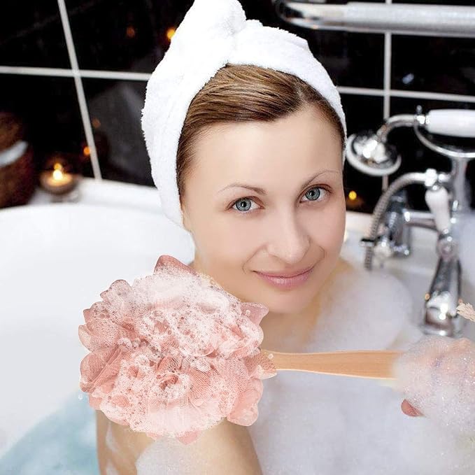 Pink Loofah with Handle - Cute Back Scrubber & Exfoliating Shower Sponge, Soft Mesh Luffa on Wooden Stick, Bath Brush for Women and Girls
