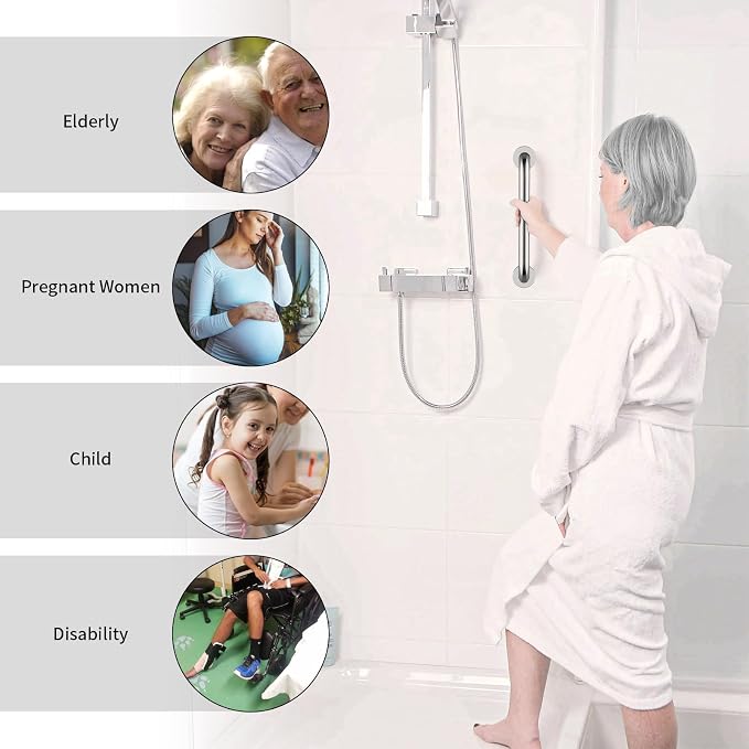 12 Inch Stainless Steel Shower Grab Bar - ZUEXT Shower Handle, Bathroom Balance Bar - Safety Hand Rail Support - Handicap, Elderly, Injury, Senior Assist Bath Handle (w/Self-Adhesive Stick-on Hook)