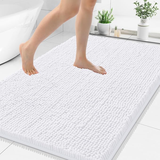 Smiry Luxury Chenille Bathroom Rugs 44x32, Extra Soft and Absorbent Shaggy Bath Mat, Machine Washable, Non-Slip Plush Carpet Runner for Tub, Shower, and Floor, Home Decor Accessories, White