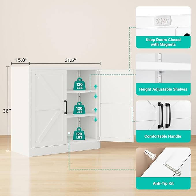 Metal Storage Cabinet with Doors & Adjustable Shelves, 36" Tall Farmhouse Pantry Cabinet, Small Sideboard for Kitchen, Dining, Living & Laundry Room, White