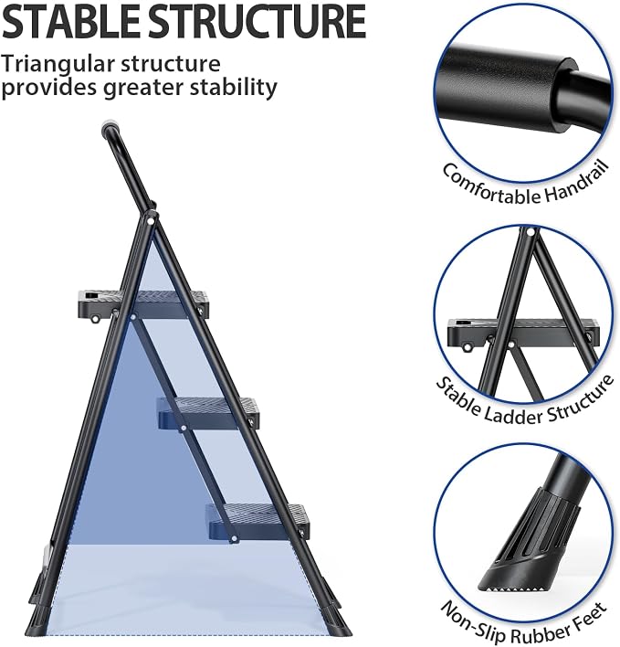 KINGRACK Folding 3 Step Ladder, Portable Ladder for Multi-Purpose, Home, Kitchen, Heavy Sturdy Steel Step Stool with Anti-Slip Wide Pedals, Handrail, Safe-Lock Design, Pass 500lbs Load Testing, Black