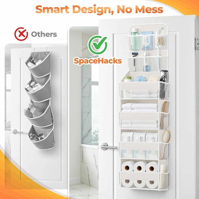 SpaceHacks 6-Tier Over the Door Organizer with Mesh Pockets, Baby Nursery Storage for Closet, Bathroom and Bedroom, Adjustable Hanging Closet Organizer for Cosmetics, Books and Essentials (Beige)