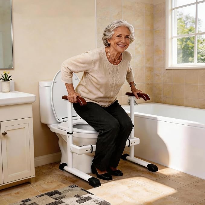 FSA/HSA Eligible Toilet Safety Rails for Elderly with Solid Wood Handles, Adjustable Height & Width, Heavy Duty Thickened Toilet Safety Frame, 520 LBS Capacity, Handles for Disabled & Seniors