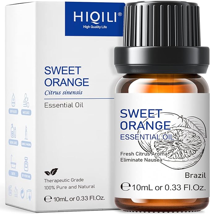HIQILI 100% Pure Sweet Orange Essential Oil 10mL (0.33fl oz) – Uplifting Aroma for Diffuser, Aromatherapy, Freshen Air, Skin Care, Home Cleaning, Home Fragrance, DIY Candle Soap Making
