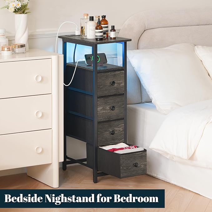 Yoobure LED Narrow Nightstand with Charging Station - Slim Dresser for Bedroom Narrow Side Table Storage Cabinet, Small Dressers Chest of Drawers, Tall Skinny Night Stand End Table for Small Spaces