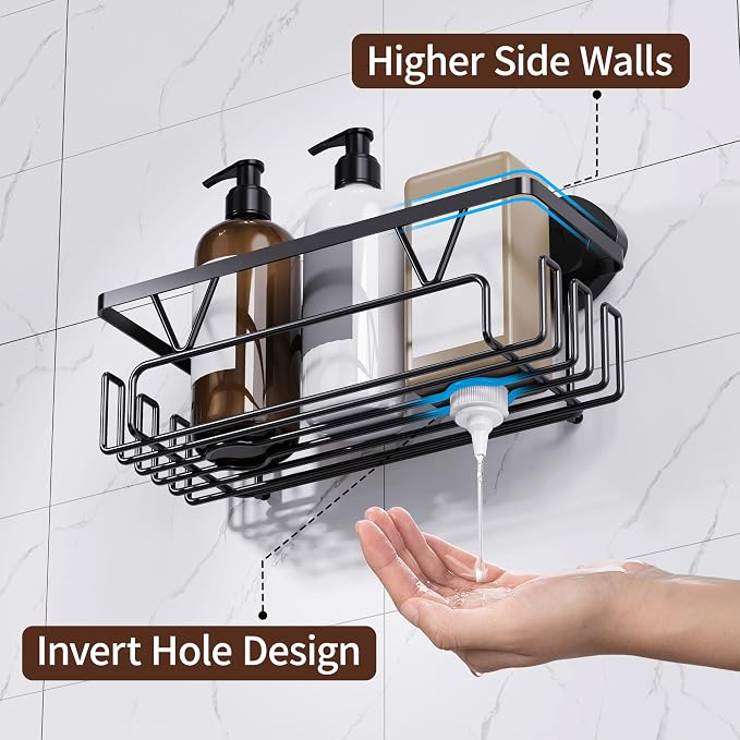 KEGII Shower Caddy Suction Cup, 3 Pack Removable Shower Shelves with Hooks & Soap Holder, No Drilling Bathroom Organizer, Waterproof Suction Storage for Inside Shower, Black
