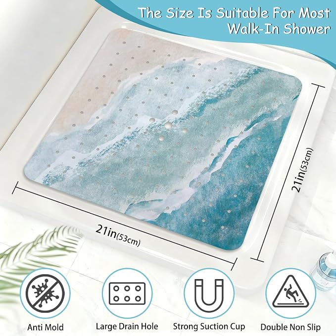 Beach Square Anti Slip Shower Mats for Inside Shower Accessories, Cute Bath Mats for Bathroom Non Slip Shower Floor Mat Sea Decor Rubber Bathmat with Suction and Drain Holes Machine Washable, 21″X21″