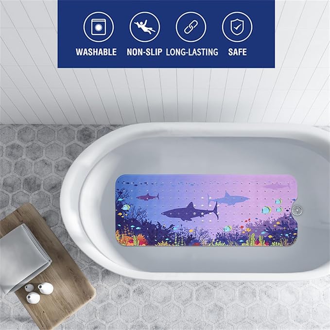 Blue Sea Bathtub Mat Non Slip for Kids 40x16in Extra Long Shark Ocean Whale Tropical Fish Anti Slip Shower Mat for Bathroom with Large Drain Holes and Suction Cups Quality Bath Mats and Bathtub Decor