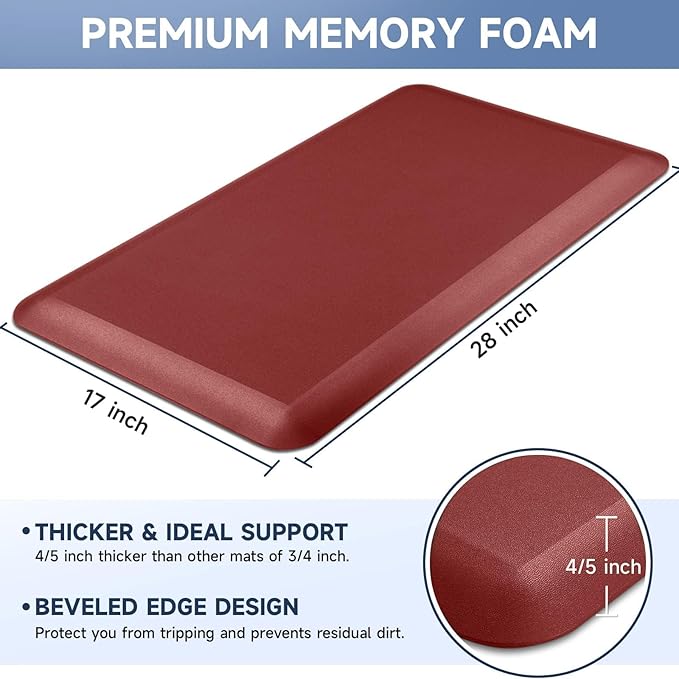 StepRite 4/5 Inch Thick Kitchen Mat Anti Fatigue Mat Kitchen Rugs Kitchen Decor Non-Slip, Stain & Water Resistant, Kitchen Mats Desk Mat for Kitchen, Office, Workshop, Red, 17'' x 28''