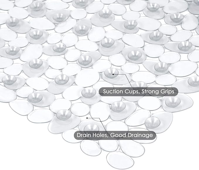 WELTRXE Non Slip Bath Mat Pebbles Bathtub Mat with Suction Cups, Drain Holes for Bathroom Showers, Tub, 35 x 16 Inches Machine Washable Bathroom Mats BPA, Latex Free Safe Shower Mats - Clear