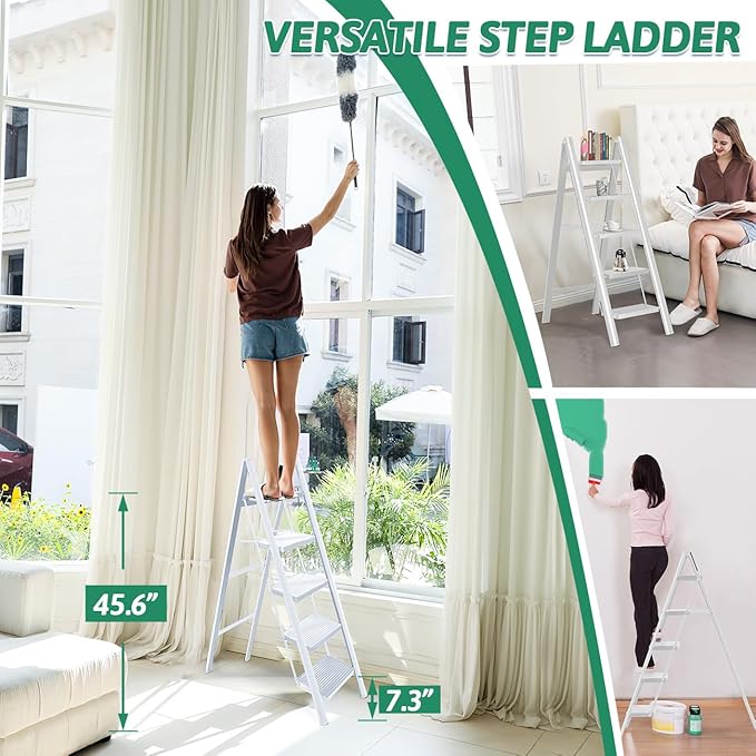 5-Step Folding Ladder, Heavy Duty Ladders for Home & Kitchen, Folding Ladder Easy to Store, Tall Ladder for Adults, Anti-Slip & Space-Saving Step Ladder, 330 Lbs Capacity, White