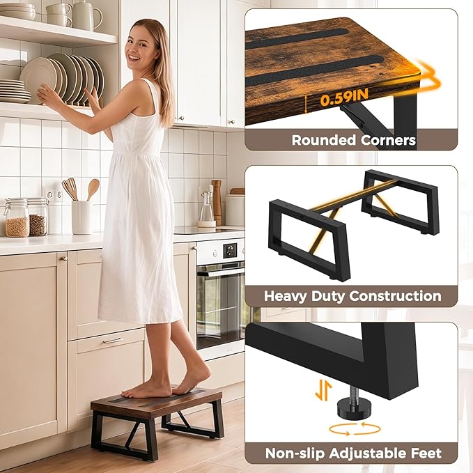 Step Stool, NomNest One Step Wooden Ladder Metal Foot Stool Small Kitchen Stool Helper for Toddler Adults, Ladder Chair for Home Bedside Bathroom Sink Potty