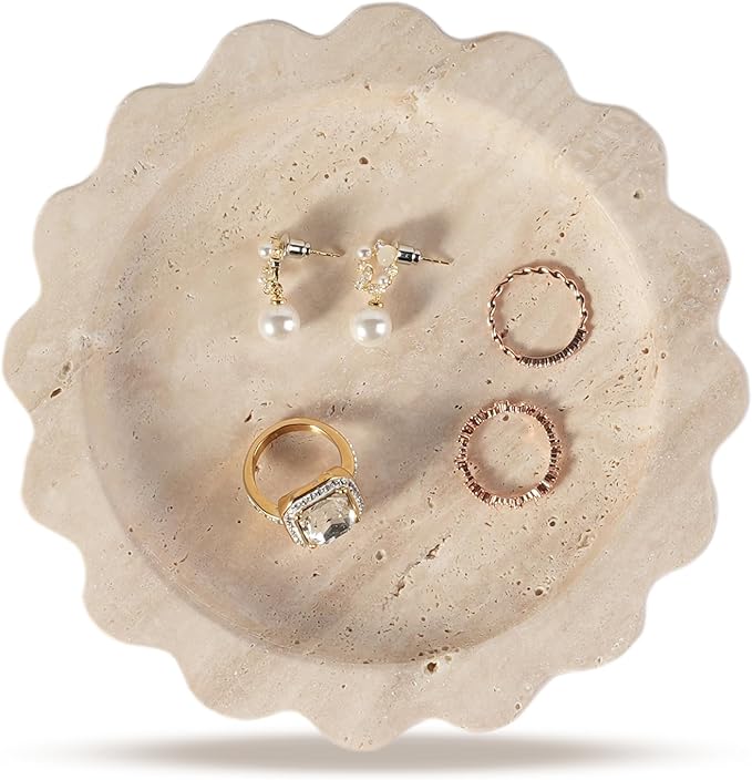 Koville 5.51" Travertine Tray, Natural Stone Trinket Dish for Ring Perfume, Round Scalloped Decorative Tray for Bathroom Vanity Dresser Countertop, Home Table Decor