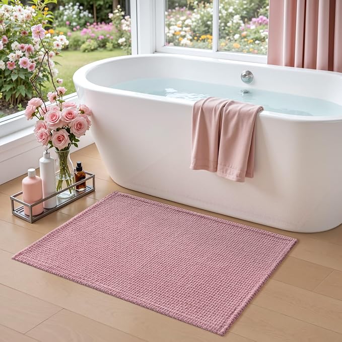 DEXI Bathroom Rugs 43x24, Non Slip Washable Bath Mat, Absorbent Chenille Bathmat, Ultra Soft Thick Carpet for Tub Shower Floor, Pink