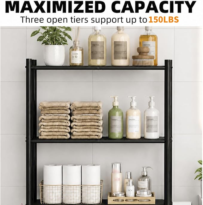 GloTika 3-Tier Over Toilet Storage with Anti-Tilt Safety System - 150lb Total Capacity Metal Bathroom Shelves Including Paper Holder & 4 Hooks, Space Saving Above Commode Organizer (64" H, Black)