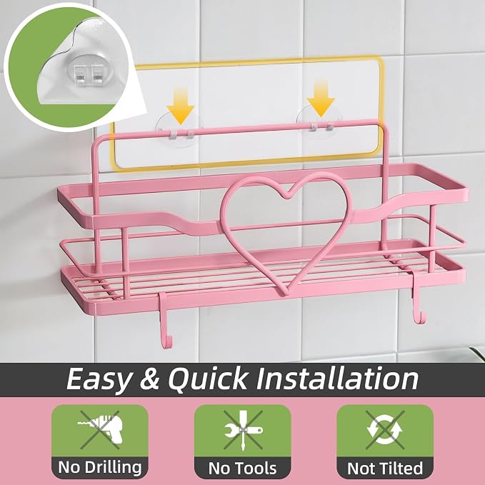 Pink Shower Caddy with 4 Removable Hooks, 2 Pack Sweet Heart Shower Shelves,No Drilling Adhesive Organizer Shelf for Bathroom Shower,Kitchen,Bedroom