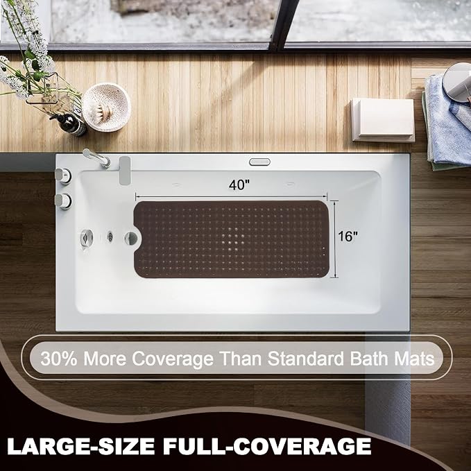 Bathtub and Shower Mats, 40x16 Inch Extra Large Non Slip Soft Bath Tub Mat with Suction Cups and Drain Holes for Bathroom Floor and Keep Tubs Clean, Machine Washable, Clear Chocolate