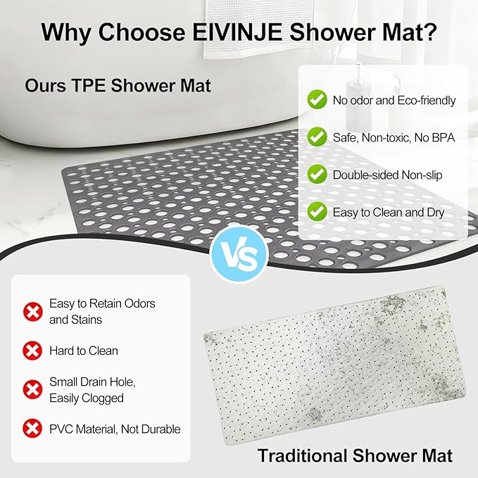Anti Slip Shower Mat with Suction Cups,27x27 Inch Quick Drain TPE Non Slip Shower Mats for Inside Shower,Large Bath Mat for Shower Soft on Feet, Easy to Dry&Cut Machine Washable