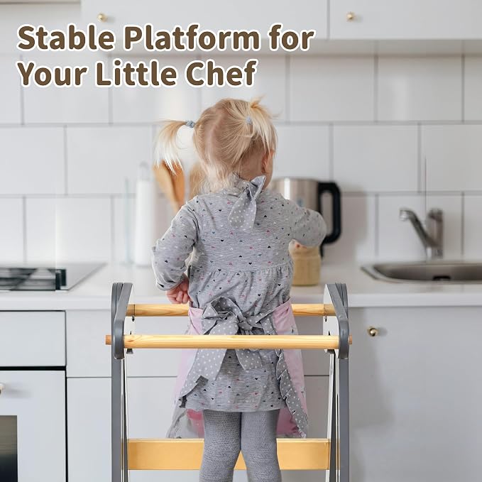 Foldable Toddler Tower Preassembled Kitchen Stool, Folding Tower for Learning with 3 Adjustable Heights Montessori Toddler Standing Tower for Kids Collapsible Wooden Step Stool, Light Gray