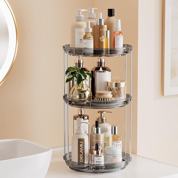 Delamu 3 Tier Rotating Makeup Organizer for Vanity, Skincare Organizer for Bathroom Counter, Spinning Perfume Organizer Cosmetic Holder with Large Capacity, Grey