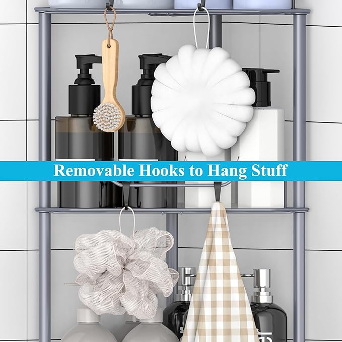 HuggieGems 5 Tier Floor Standing Corner Shower Caddy Organizer Shelf with Hooks, Bathroom Shelves Stand Rack, Dark Gray