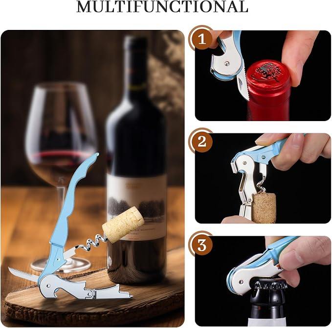 HYZ 2-Pack Wine Opener Waiter Corkscrew, Professional Wine Key for Servers, Bartender with Foil Cutter, Manual Wine Bottle Opener Double Hinged (Sky Blue)