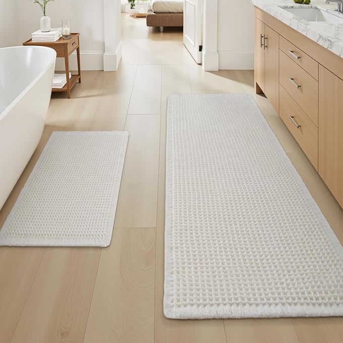 Upgraded Waffle Bath Mat Set of 2, Super Absorbent Non Slip Bath Mats for Bathroom Floor, Washable Boho Bathroom Rugs Set 2 Pieces with Tassels, Soft Bathroom Mat Set, White, 18" x 30" Plus 24" x 48"