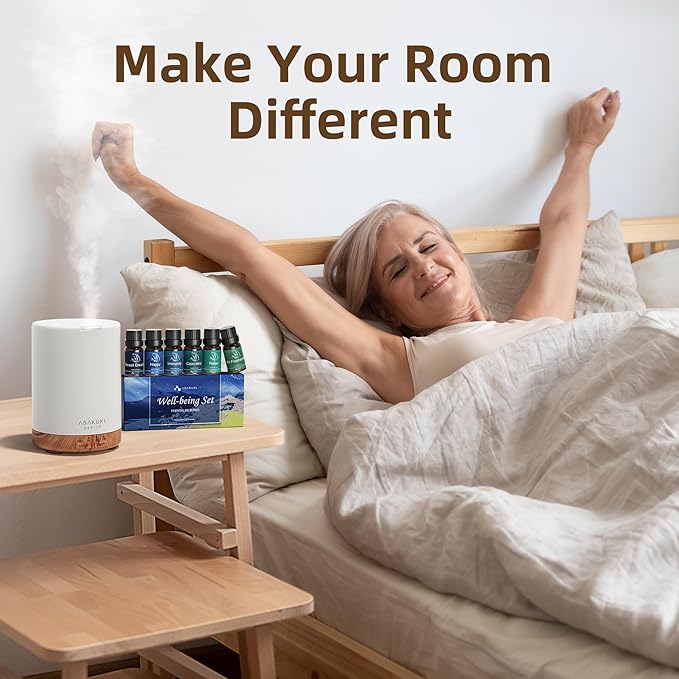 ASAKUKI Essential Oil Diffuser for Home, 300 ml Aromatherapy Diffuser with 6 Essential Oil Sets, Automatic Shut-Off, 7 LED Lights for Living Room, Kitchen, Bedroom, Hotel - Brown with Oils