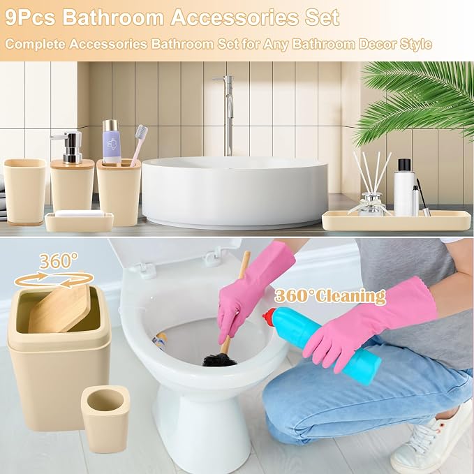 Beige Bathroom Accessories Set 9 Piece Bathroom Accessory Set with Trash Can,Toothbrush Holder,Toothbrush Cup,Lotion Soap Dispenser,Vanity Tray,Soap Dish,Toilet Brush,Qtip Holder