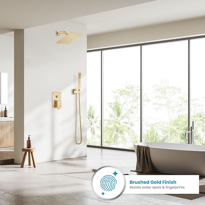 gotonovo Rainfall Bathroom Shower System Rain Shower Head and Handle Set Wall Mounted Shower Complete Combo Solid Brass Pressure Balancing Shower Mixer Valve 8 Inch Brushed Gold