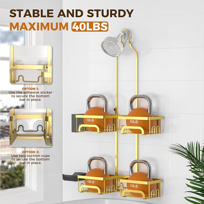 REINHARDT Shower Caddy Hanging for Handheld Showerheads Adjustable Split Shower Caddy, Rustproof Shower Organizer with Hooks for Razors Over the Head Caddy with Soap Holder Bathroom Accessories, Gold