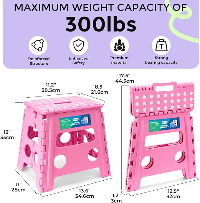 Dyforce Non-Slip Folding Step Stool - 13 inch Height Heavy Duty Foldable Stool for Adults Kids, Plastic Step Stool Camping Stepping Stool - Pink