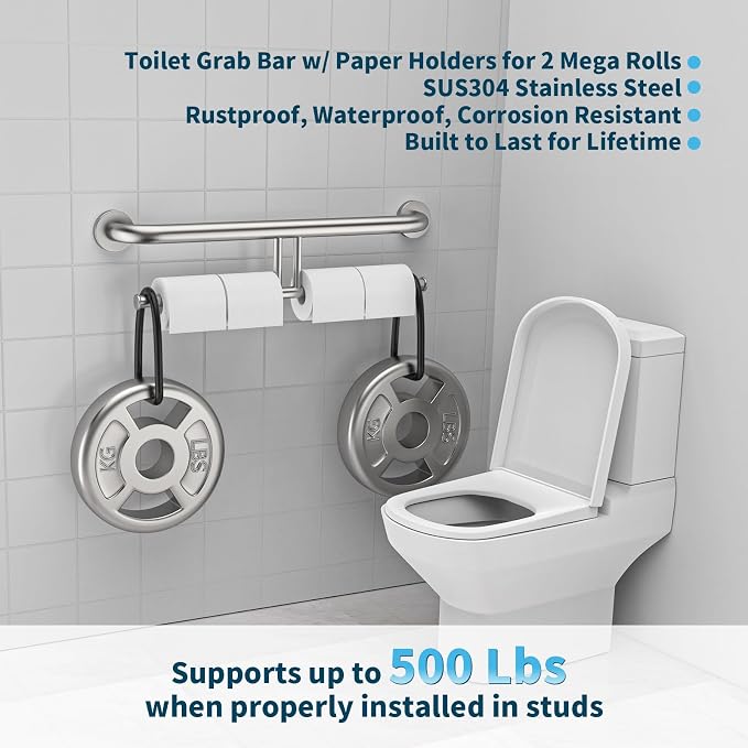 Brushed Nickel Handicap Grab Bars 24 Inch, Stainless Steel Bathroom Safety Grab Bar w/Toilet Paper Holder, Wall Mounted Tissue Paper Roll Holder, Assistance Toilet Shower Handle for Elderly Senior