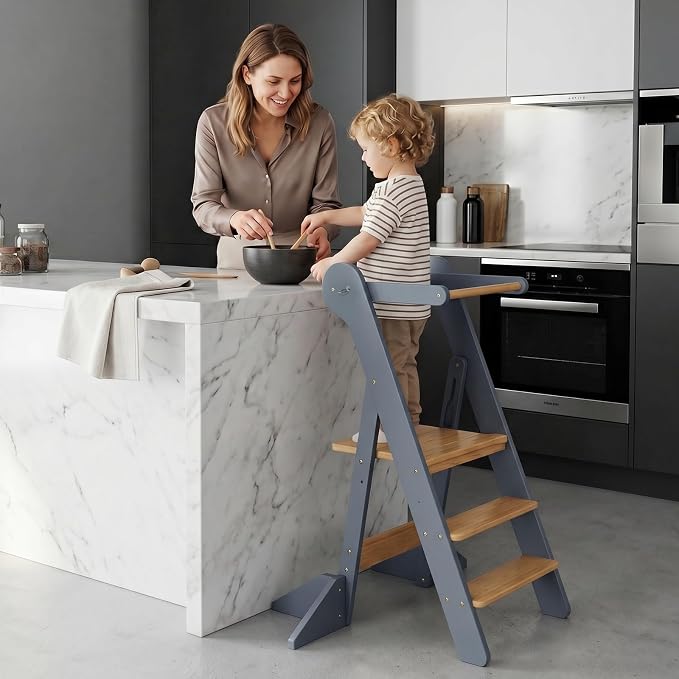 COSYLAND Foldable Toddler Standing Tower - Adjustable Height Folding Step Stool Kids Toddler Kitchen Stool for Learning and Cooking - Ages 18 Months to 6 Years with Safety Net Natural & Grey