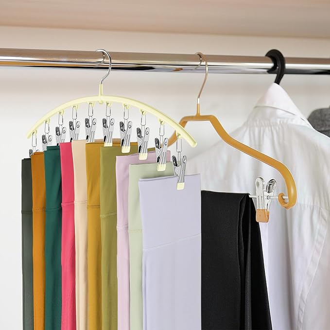 Volnamal Legging Organizer for Closet, Metal Yoga Pants Hangers 4 Pack w/10 Clips Holds 40 Leggings, Space Saving Hanging Closet Organizer w/Rubber Coated Closet Organizers and Storage, Ivory