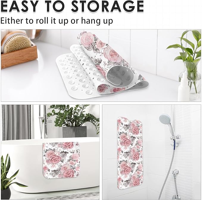 Pink Flower Leaves Bath Mat Non Slip, Floral Rose Spring 40 X 16 Inch Extra Long Bathtub Shower Mat for Tub Anti Slip with Suction Cups and Drain Holes for Kids Adults Elderly