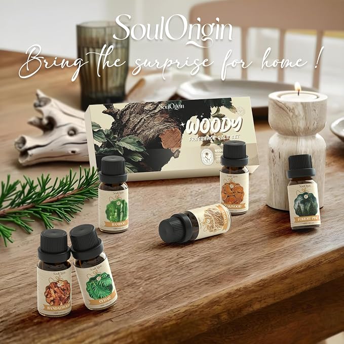 Soulorigin Woody Essential Oils Set, Fragrance Oil Set for Diffuser, Scent Diffuser Oil for Candle Making- Sandalwood, Cedar, Bamboo, Teak, Vetiver, Forest Pine