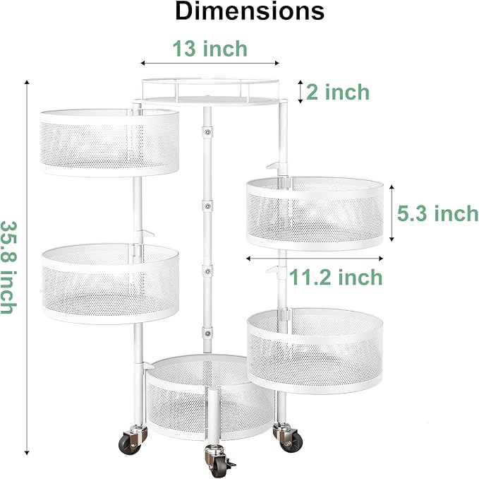 SAYZH Fruit Vegetable Basket for Kitchen, Rotating Storage Rack, 5 Tier Rolling Cart with top lid, Large Metal Wire Wheels (White)