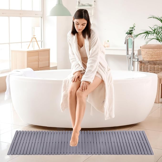 Bath Mat Bathroom Runner Long Large Rugs Floor Wood Shower Bathtub Waterproof Non Slip Accessories 16x48 Inch Easy to Clean, Striped Grey, 1 pc