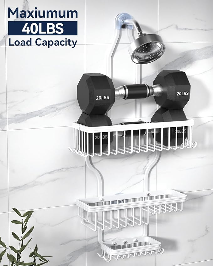 YASONIC Never Rust Shower Caddy Hanging, Aluminum Shower Racks for Inside Shower, 3-Tier Shower Organizer Hanging Over Shower Head with Hooks and Soap Holder, White