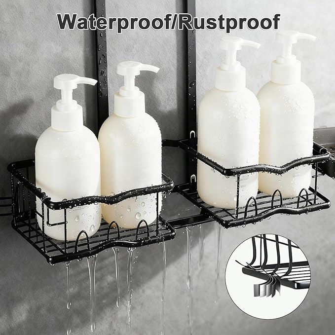 Shower Caddy Hanging Organizer, Rustproof Over Shower Head Caddy Holder with Hooks for Razor/Sponge, No Drilling Bathroom Racks Bath Storage Shelves for Shampoo Soap Towels, Black