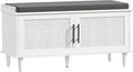 Akxomel Rattan Shoe Storage Bench with Cushion, 2-Tier Entryway Bench with Adjustable Shelves and 2 Doors, 15" D x 39.4" W x 20" H, Solid Wood Legs, for Hallway, Living Room, Bedroom, White