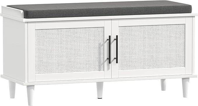 Akxomel Rattan Shoe Storage Bench with Cushion, 2-Tier Entryway Bench with Adjustable Shelves and 2 Doors, 15" D x 39.4" W x 20" H, Solid Wood Legs, for Hallway, Living Room, Bedroom, White