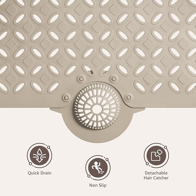 OTHWAY Bath Mat for Tub Non Slip: 39" X 17" Long Bathtub Mat with Hair Catcher│Big Drain Holes Shower Mats for Inside Shower│Machine Washable (Brown)