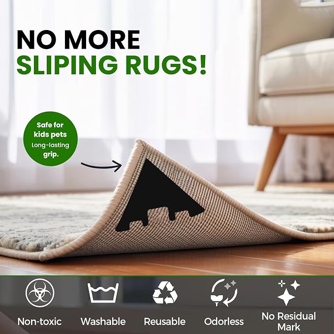 Triangle Rug Gripper Pads, Pack of 16 – Super Adhesive Reusable & Washable Non-Slip Corner Grips for Area Rugs, Mats & Runners, Helps Keep Rugs Flat on Hard Floors