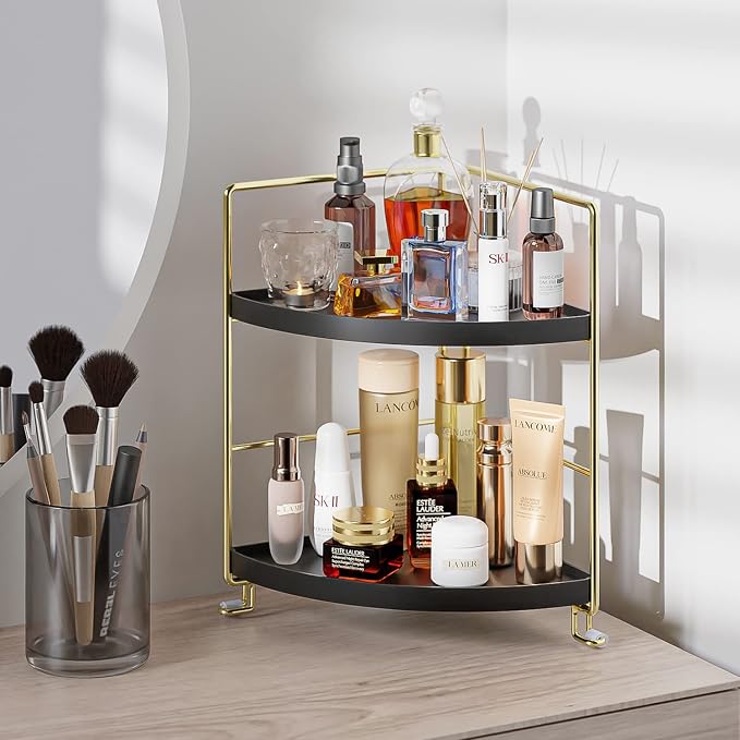 2-Tier Bathroom Corner Counter Organizer, Makeup Storage Shelf Vanity Tray, Bathroom Sink Countertop Organizer, Black