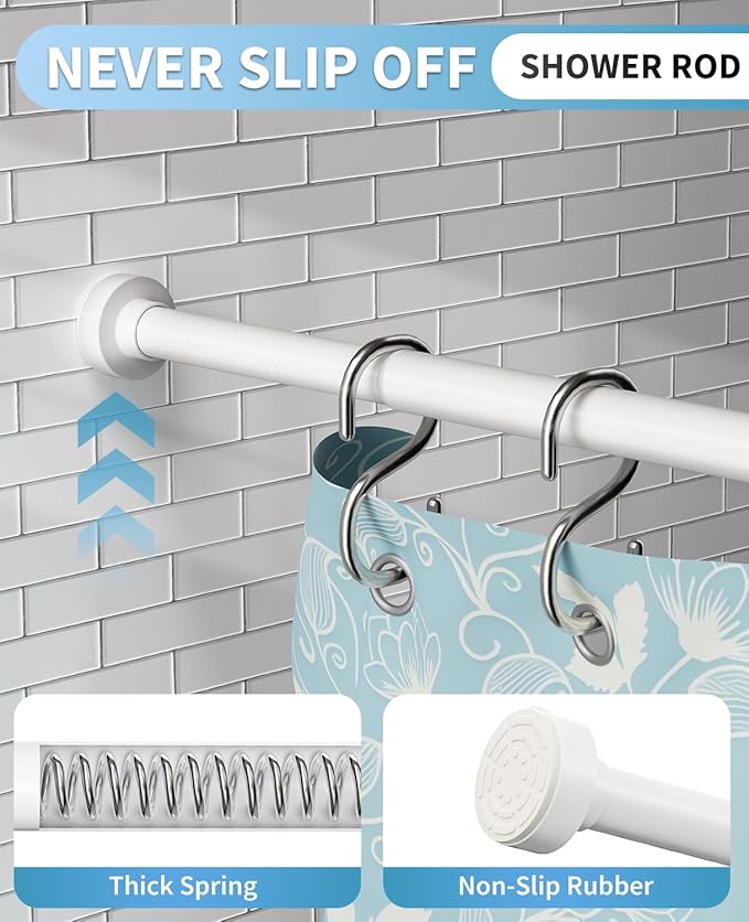 White Shower Curtain Rod 34-82 Inches(2.8-6.8ft) Adjustable Shower Rod No Drilling Non-slip Never Rust Shower Tension Rod for Bathroom Bedroom Windows Outdoor Garden
